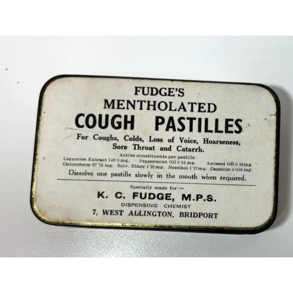 Vintage Fudge's Cough Pastilles Tin Chloroform and Ether on Ingredient List - Picture 1 of 8